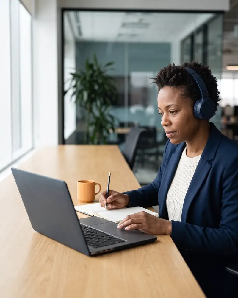 A recruiter wearing a headset listens to an answer and takes notes in front of a laptop.